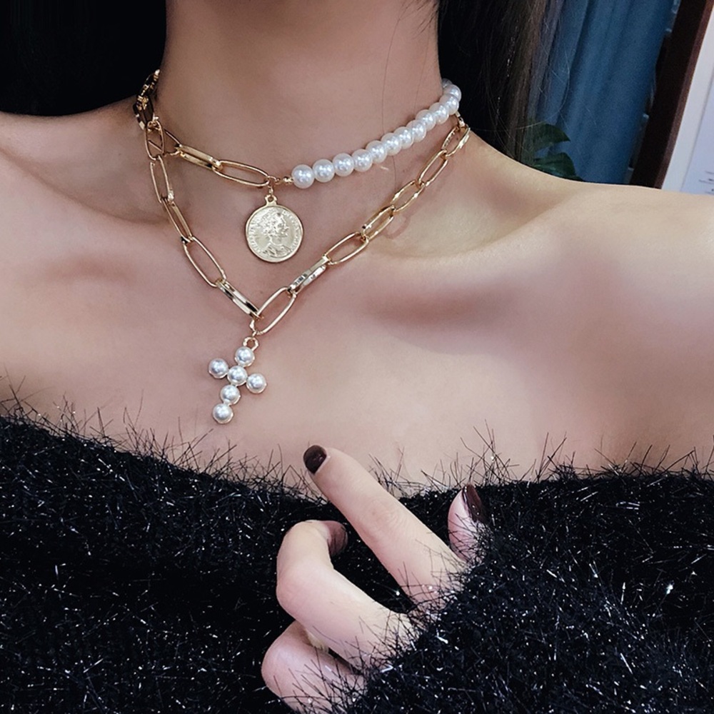 3/$30 💛 Faux Pearl Cross Charm Layered Necklace - Picture 4 of 4